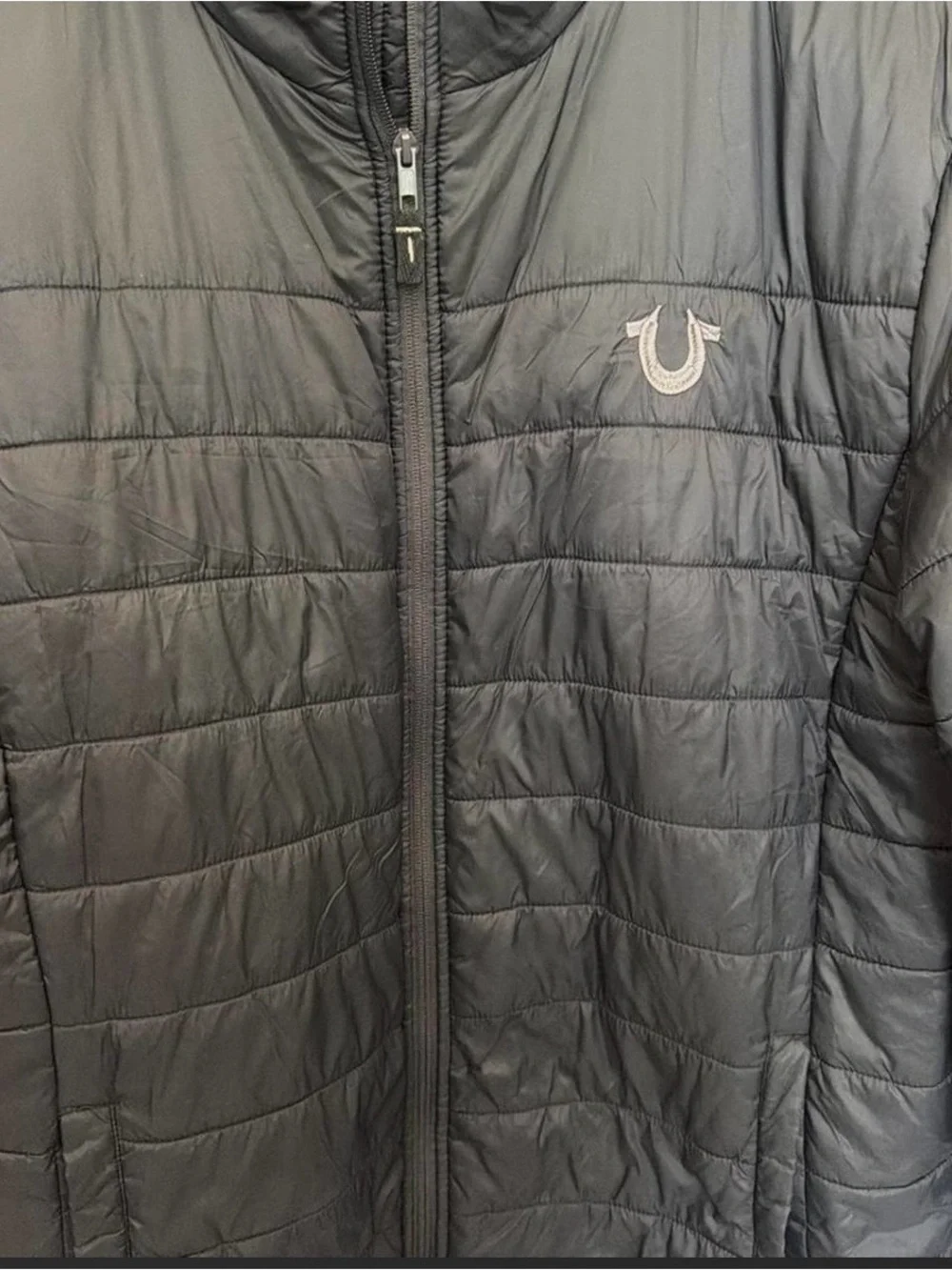 True Religion Black Quilted Puffer Jacket with Signature Horseshoe